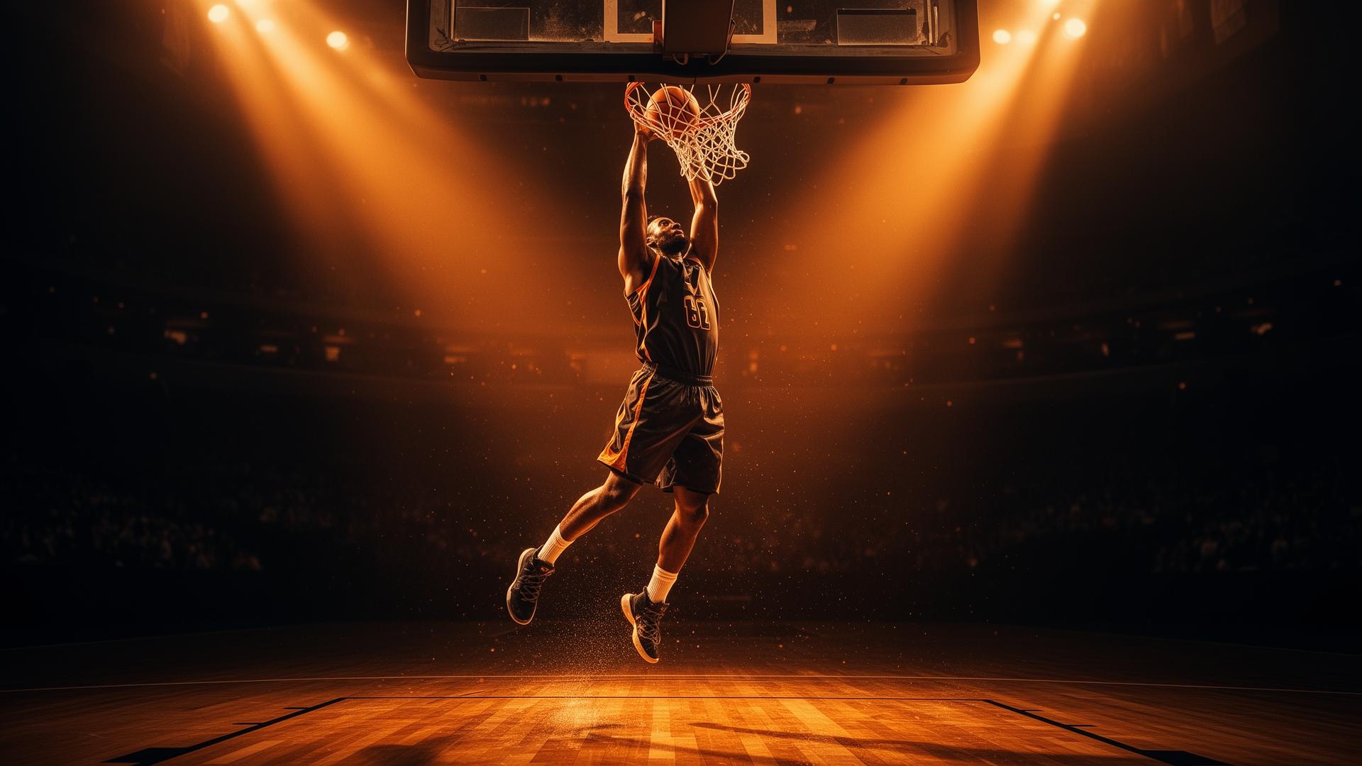 Basketball player rising for a dunk